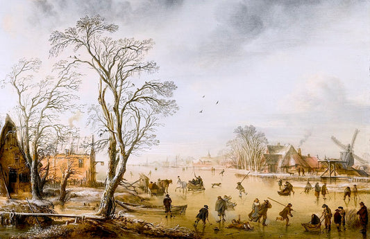 Winter Landscape with Kolf Players, vintage artwork by Aert van der Neer, 12x8" (A4) Poster