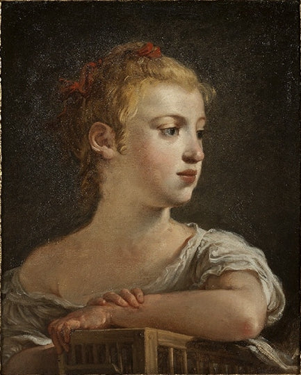 Portrait of a Young Girl with a Birdcage, vintage artwork by Hugues Taraval, 12x8" (A4) Poster