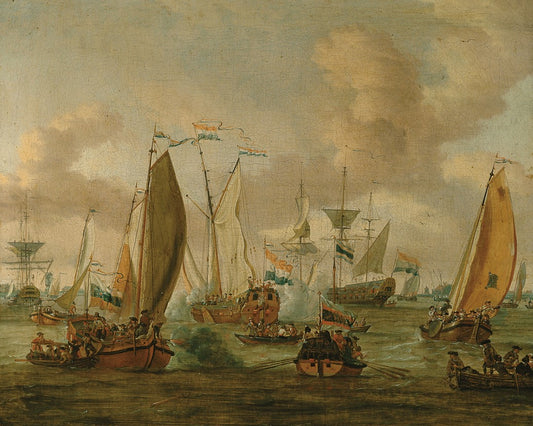 Recreation of a Battle on the IJ, Amsterdam to honour the visit of Tsar Peter the Great, vintage artwork by Abraham Jansz. Storck, 12x8" (A4) Poster