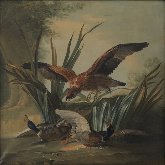 A Hawk Puncing on a Pair of Ducks, vintage artwork by Jean-Baptiste Oudry, 12x8" (A4) Poster