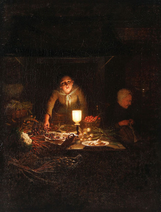Interior Candelit Scene of Kitchen, vintage artwork by Johannes Rosierse, A3 (16x12") Poster Print