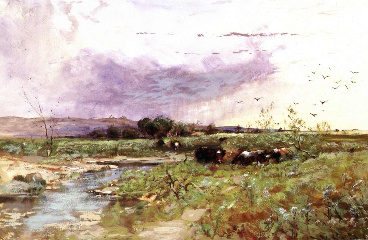 Gray Rain Cloud, Cattle in Meadow, vintage artwork by William Keith, 12x8" (A4) Poster