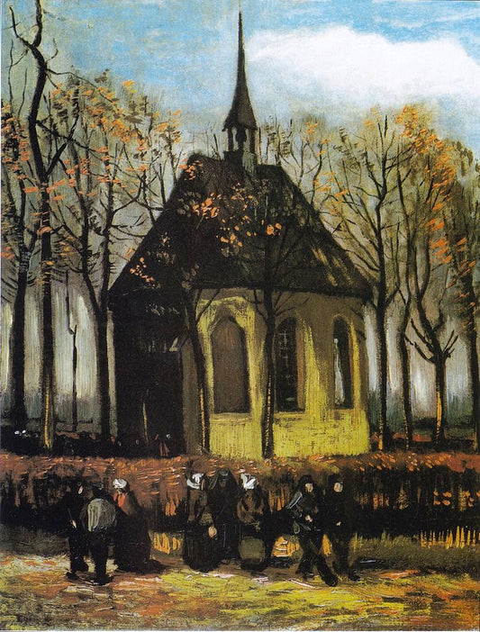 The Church of Nuenen with Churchgoers, vintage artwork by Vincent van Gogh, 12x8" (A4) Poster