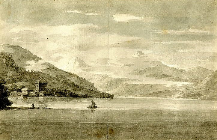 Lake of Thun near the village of Spiez, vintage artwork by John Robert Cozens, 12x8" (A4) Poster
