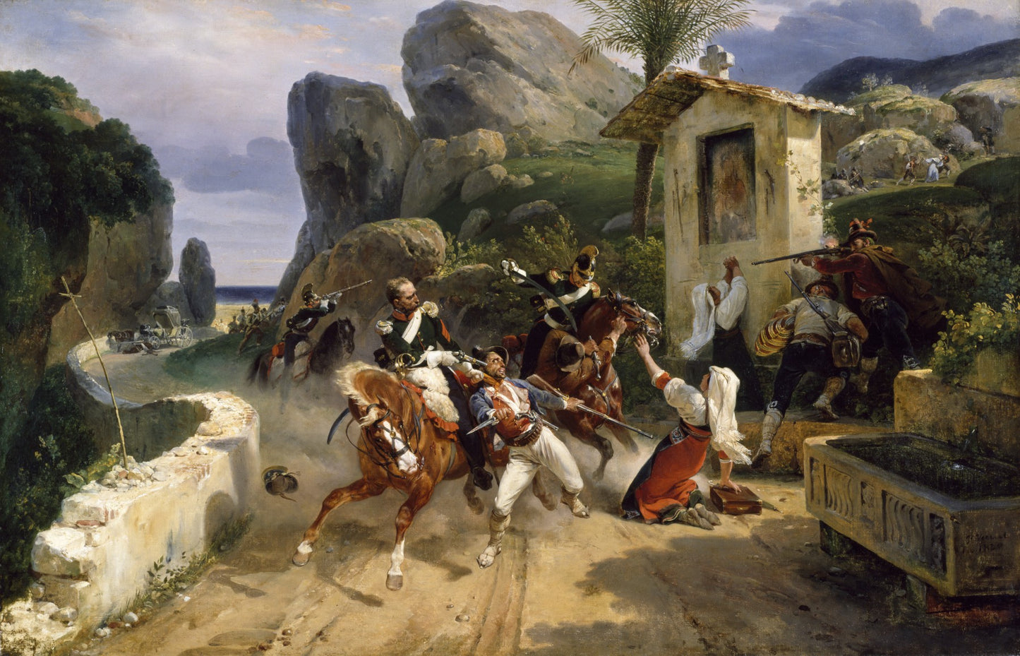 Italian Brigands Surprised by  Papal Troops, vintage artwork by Horace Vernet, A3 (16x12") Poster Print