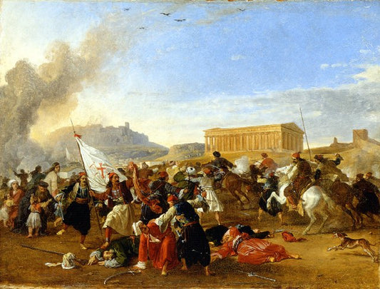 Battle Between the Turks and the Greeks, vintage artwork by Franz Ludwig Catel, 12x8" (A4) Poster