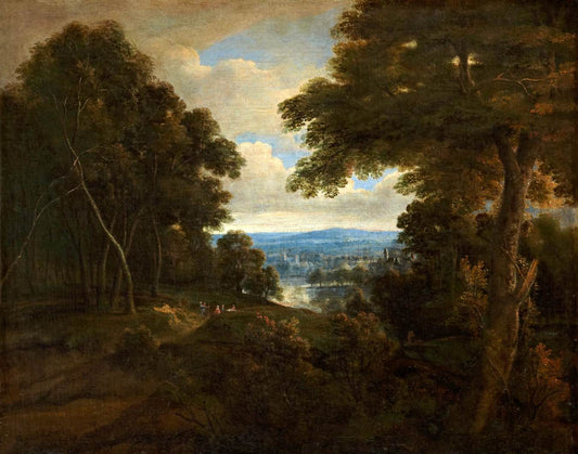 An Extensive Wooded Landscape with Travellers on a Path, vintage artwork by Jacques d'Arthois, 12x8" (A4) Poster