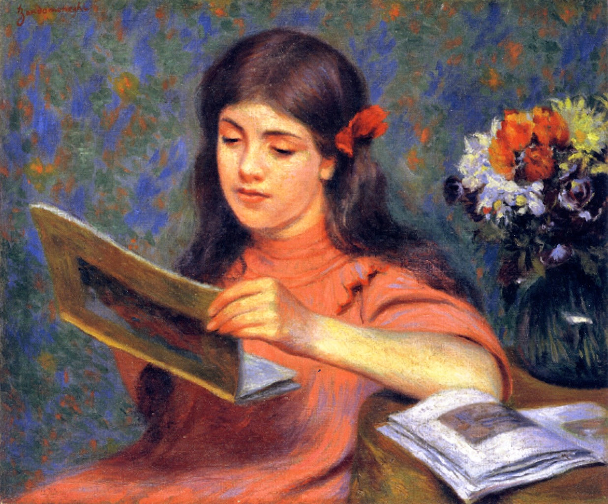 Girl Looking at a Book, vintage artwork by Federico Zandomeneghi, 12x8" (A4) Poster