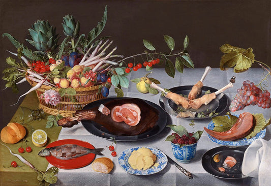 A Still Life with Artichokes, Radishes, Asparagus, Plums, Cherries and Peaches in a Basket, vintage artwork by Jacob van Hulsdonck, 12x8" (A4) Poster