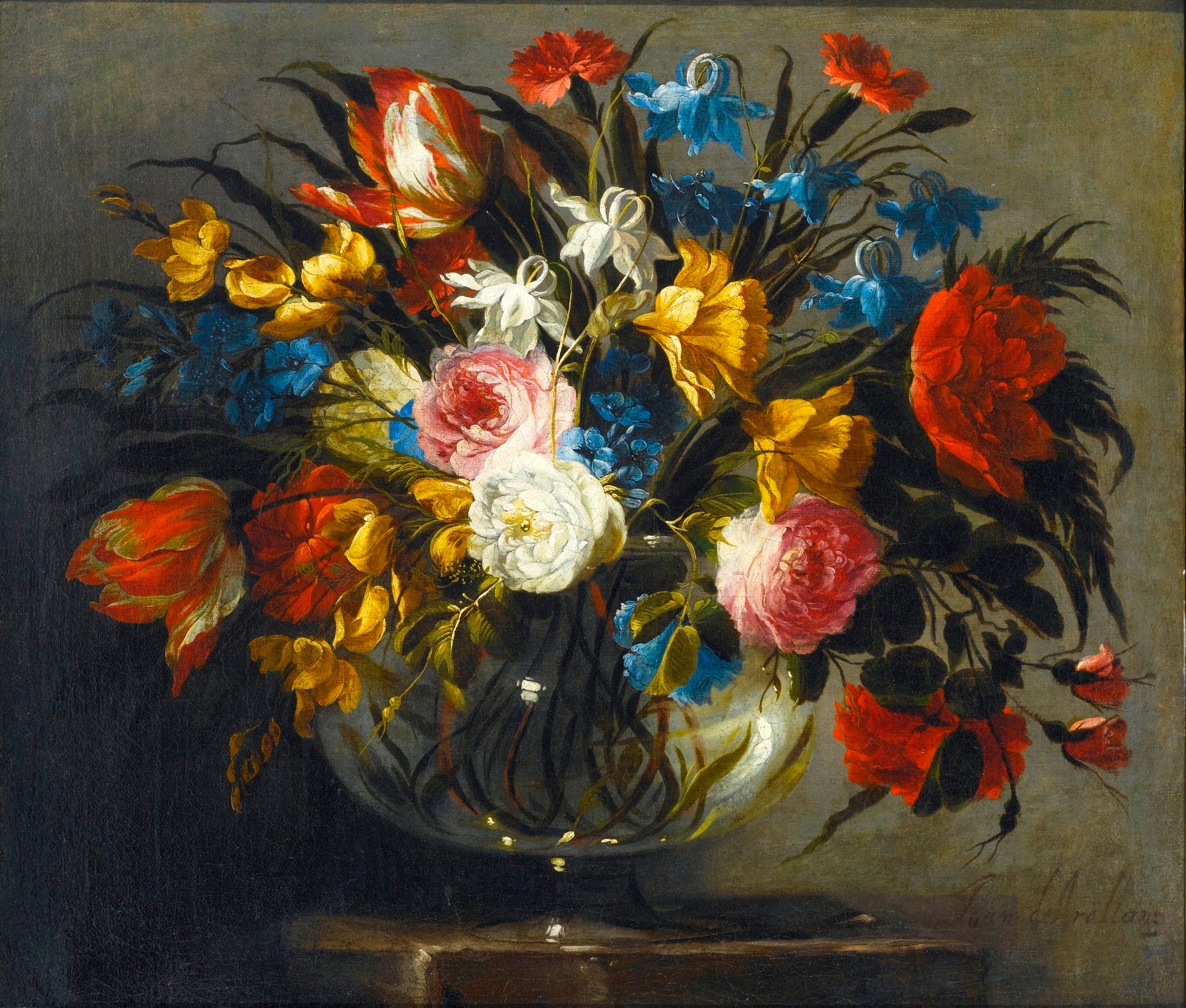 Still Life with White Zinnia, Lavender, Pink and Red Peonnies, etc., vintage artwork by Juan de Arellano, 12x8" (A4) Poster