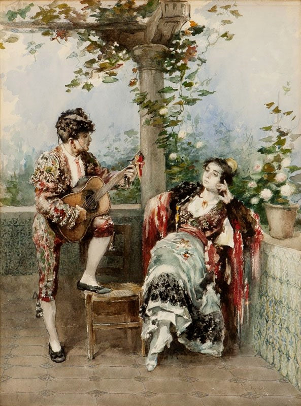 Spanish couple on a Terrace by Gabriel Puig Roda,A3(16x12")Poster