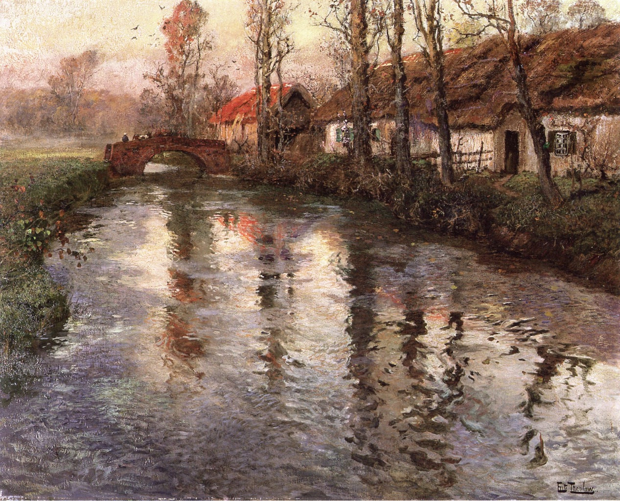 Cottages along a River, Normandy, vintage artwork by Fritz Thaulow, 12x8" (A4) Poster
