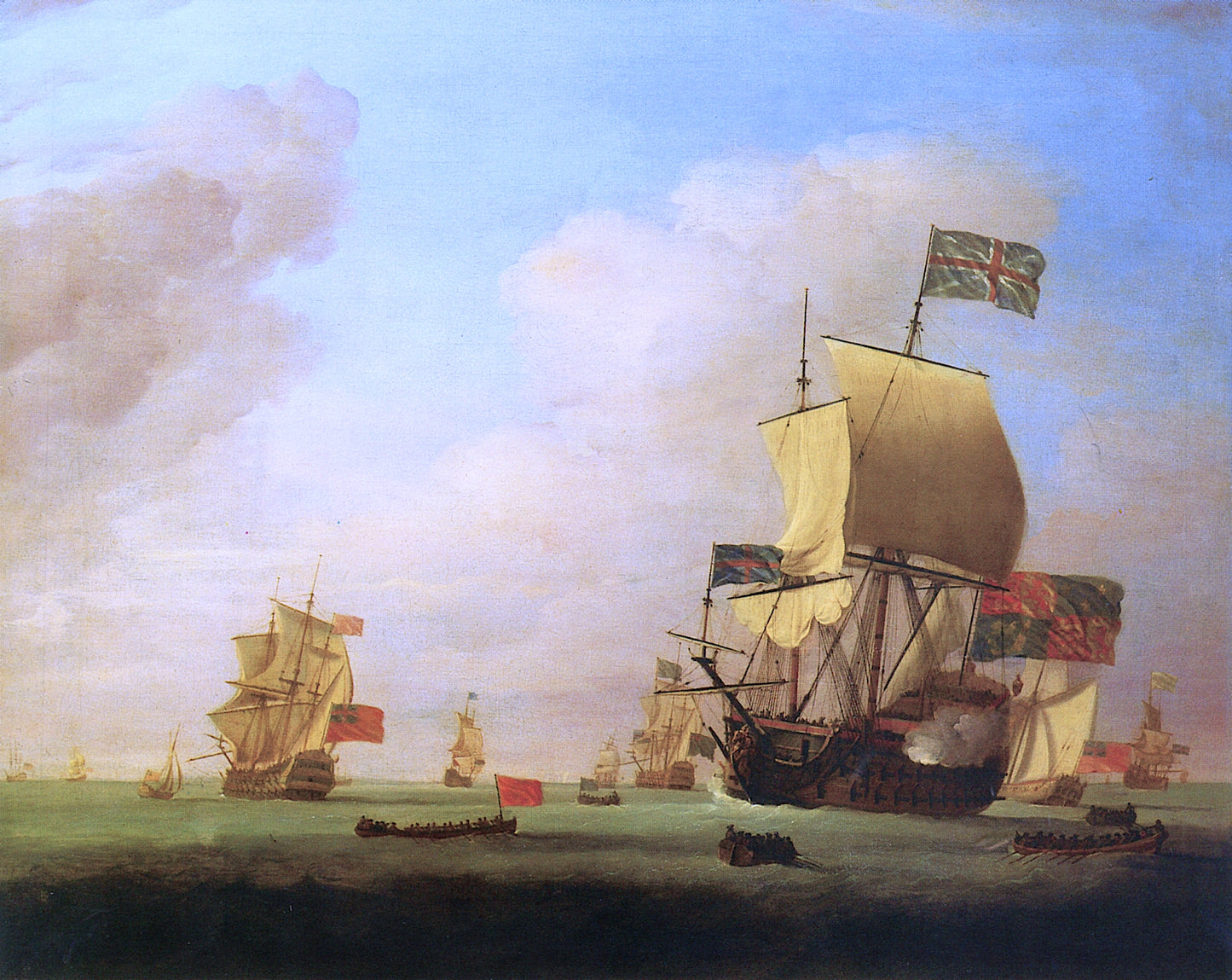 The 'Albemarle, flagship of Sir John Leake, Coming to Anchor in the Bay of Barcelona..., vintage artwork by Peter Monamy, 12x8" (A4) Poster