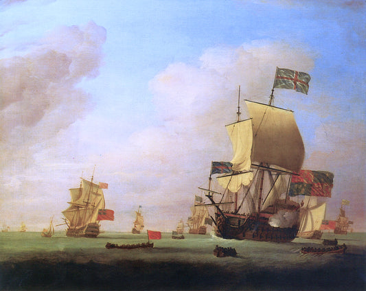The 'Albemarle, flagship of Sir John Leake, Coming to Anchor in the Bay of Barcelona..., vintage artwork by Peter Monamy, 12x8" (A4) Poster