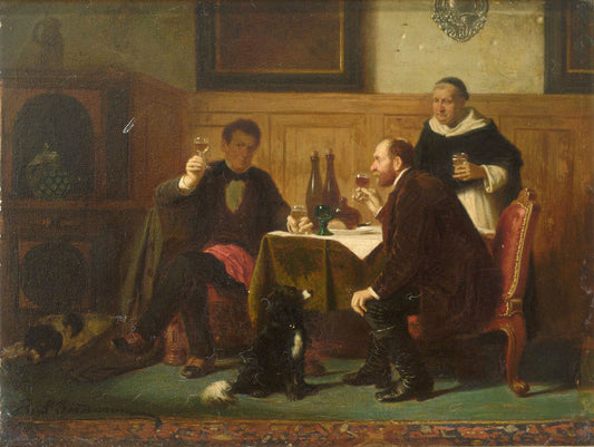 Interior with two men tasting wine, monk and two dogs, vintage artwork by Reinhard Sebastian Zimmermann, A3 (16x12") Poster Print