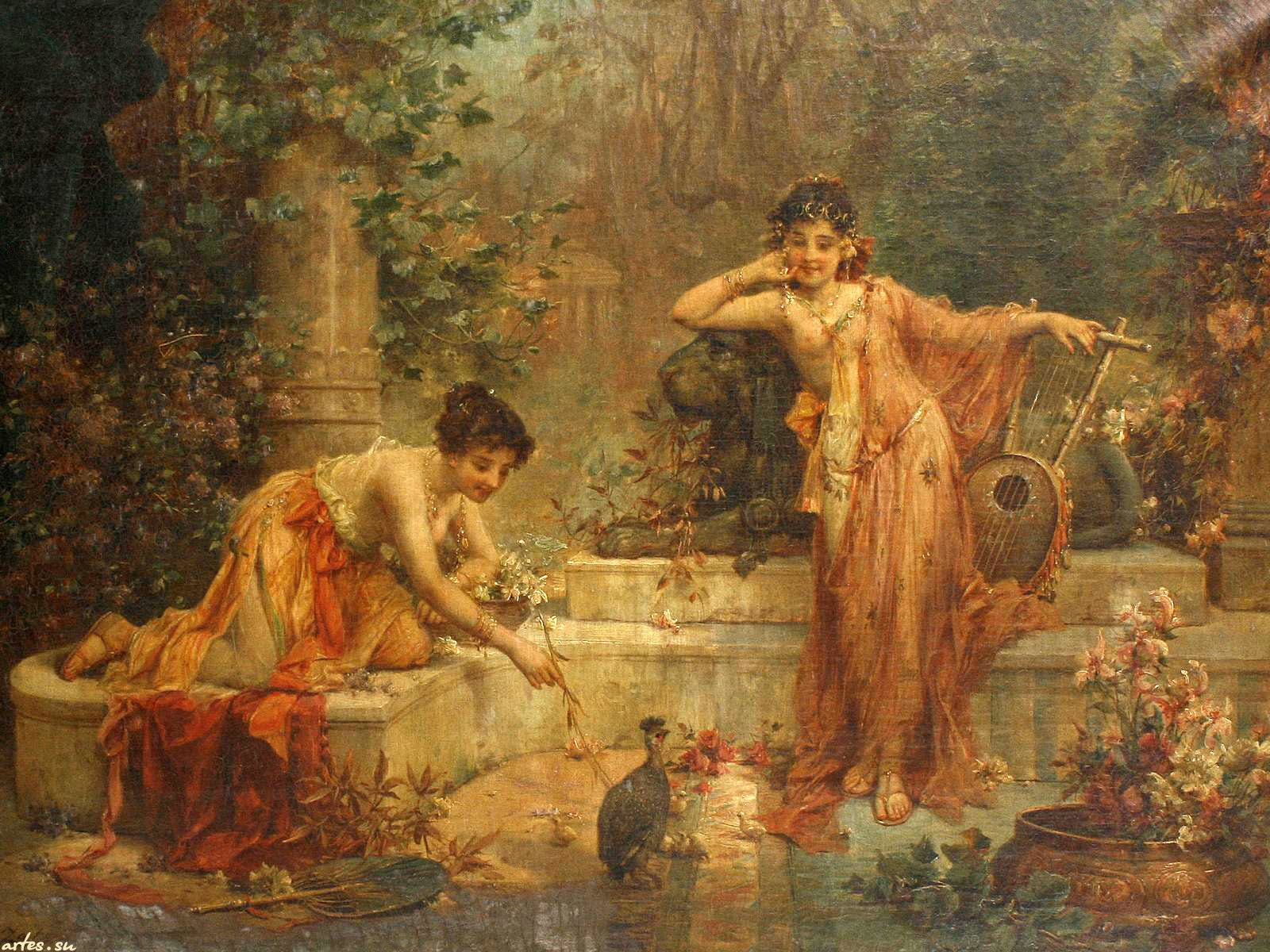 Oriental Beauties Playing with the Pet Bird by Hans Zatzka,A3(16x12")Poster