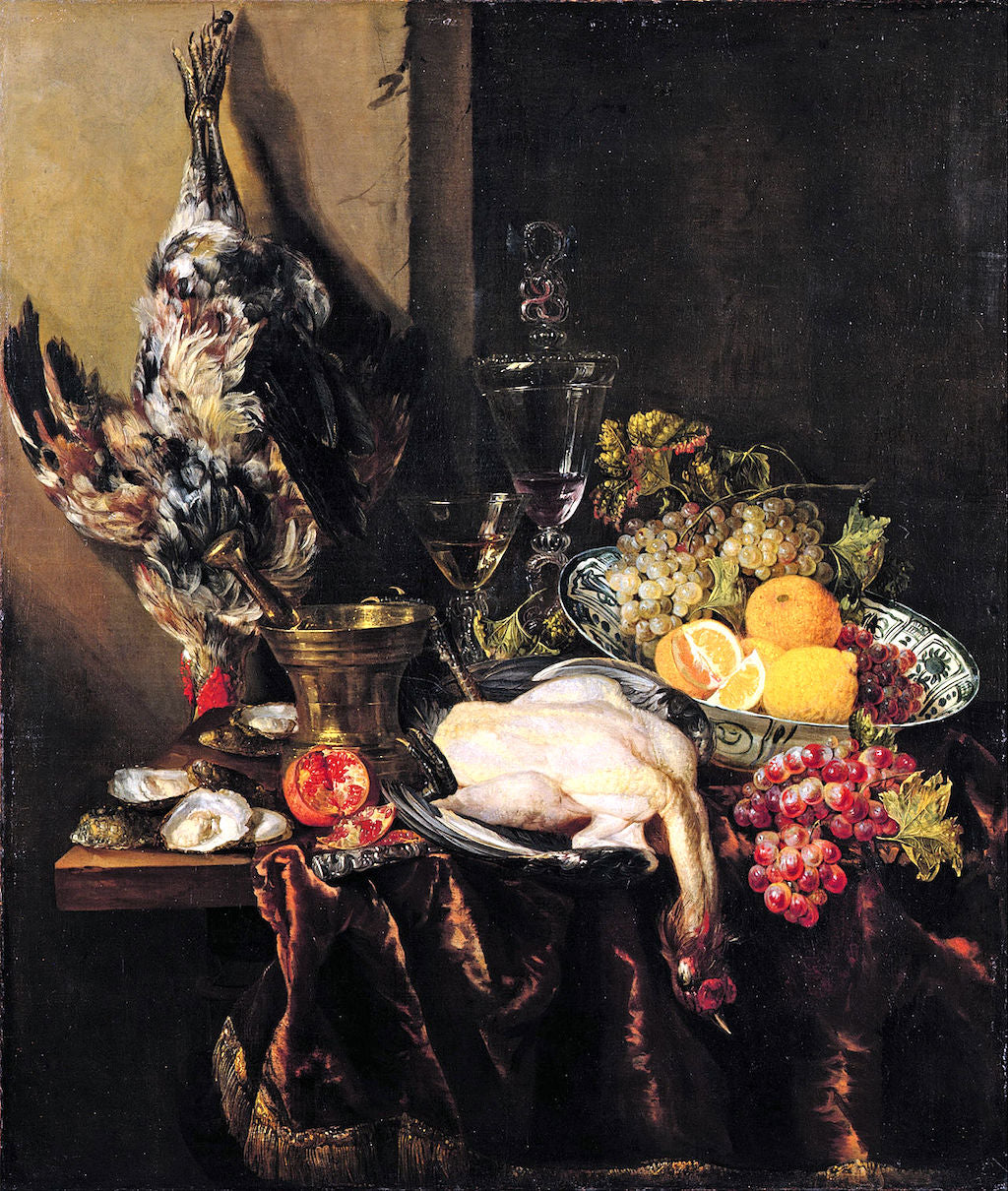 Still Life with Fruit and Fowl, vintage artwork by Abraham van Beyeren, 12x8" (A4) Poster
