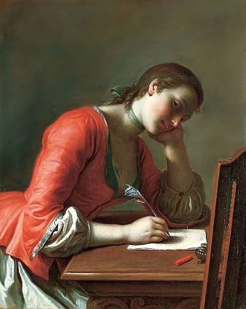 The girl who wrote a love letter, vintage artwork by Pietro Antonio Rotari, 12x8" (A4) Poster