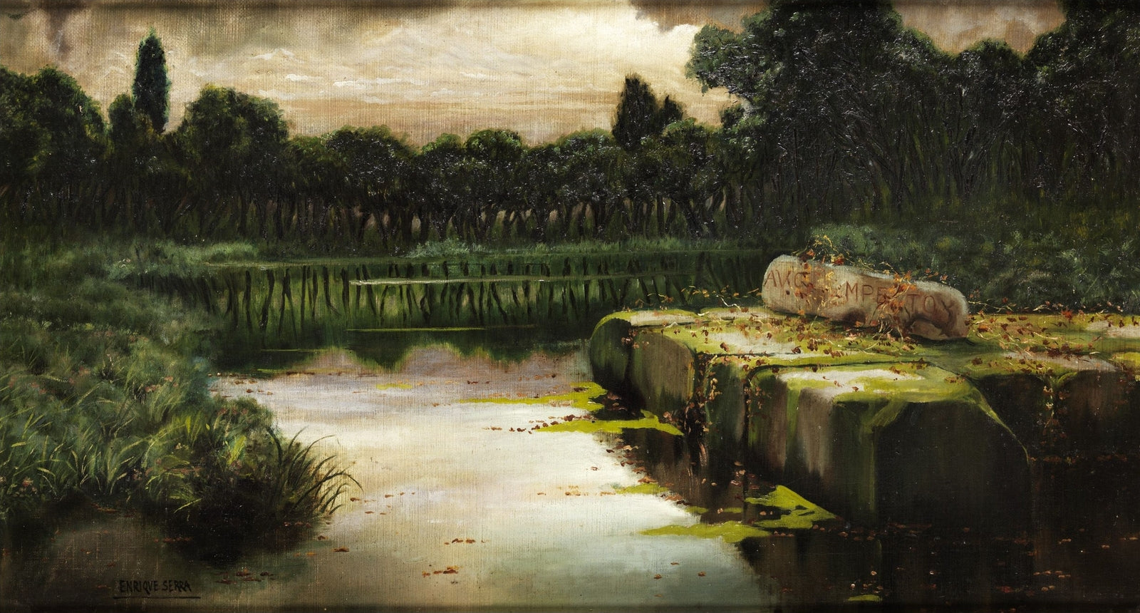 View over a pond with ancient ruins by Enrique Serra y Auque,A3(16x12")Poster