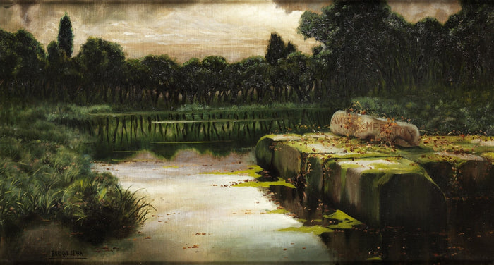 View over a pond with ancient ruins by Enrique Serra y Auque,A3(16x12