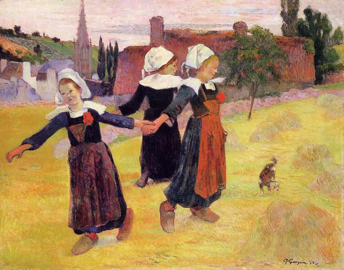 Breton Girls Dancing, vintage artwork by Paul Gauguin, 12x8" (A4) Poster