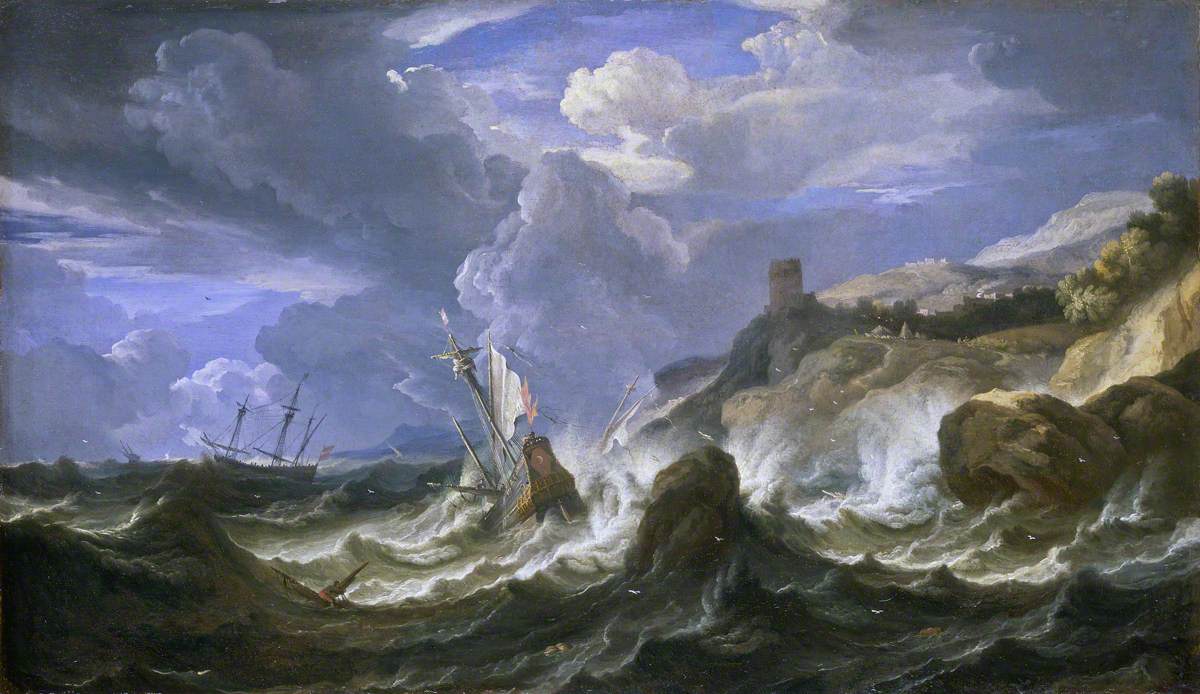 A Ship Wrecked in a Storm off a Rock Coast, vintage artwork by Pieter Mulier the Younger, 12x8" (A4) Poster