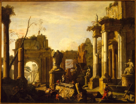Imaginary Scene with Ruins and Figures, vintage artwork by Marco Ricci, 12x8" (A4) Poster