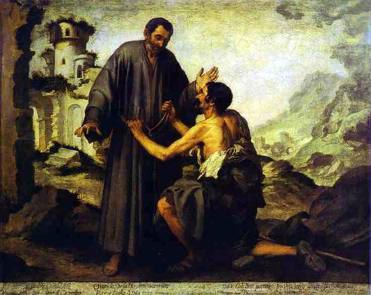 Brother Junípero and the Beggar, vintage artwork by Bartolome Esteban Murillo, 12x8" (A4) Poster
