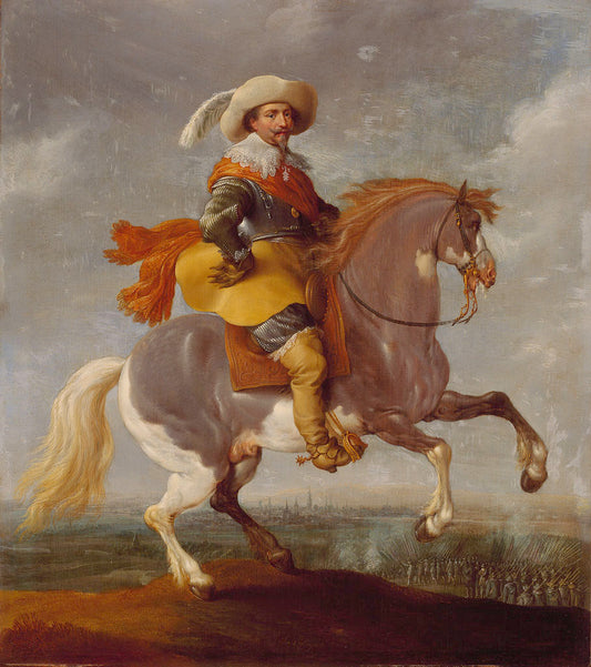 Prince Frederik Hendrik on Horseback with Maastricht in the Background, vintage artwork by Pauwels van Hillegaert, 12x8" (A4) Poster