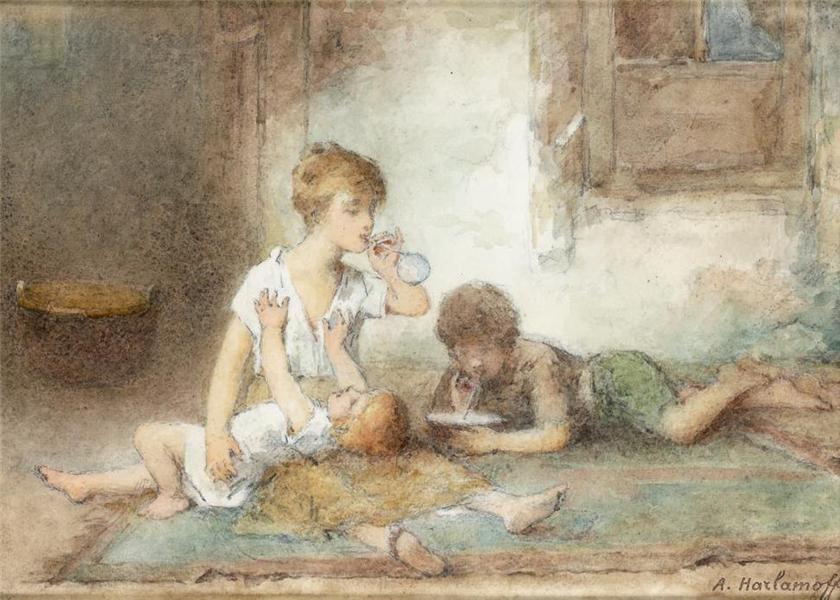 Blowing bubbles, vintage artwork by Alexei Harlamoff, 12x8" (A4) Poster
