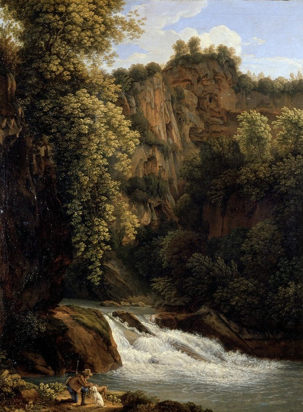 Rocky Landscape with Waterfall, vintage artwork by Johann Christian Reinhart, 12x8" (A4) Poster