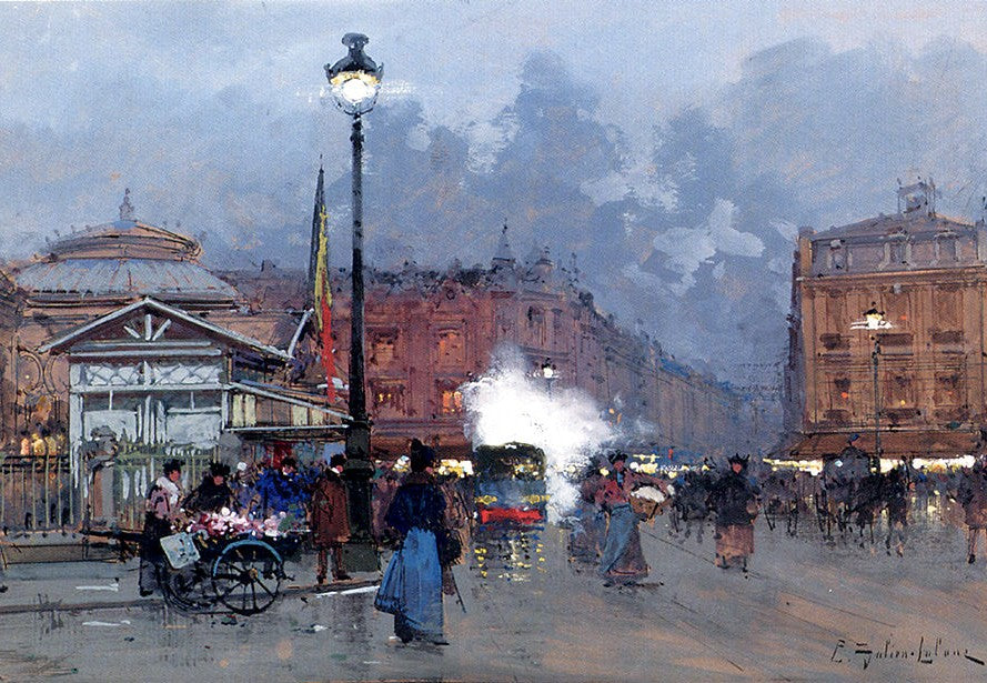 Bourse, Paris, vintage artwork by Eugene Galien-Laloue, 12x8" (A4) Poster