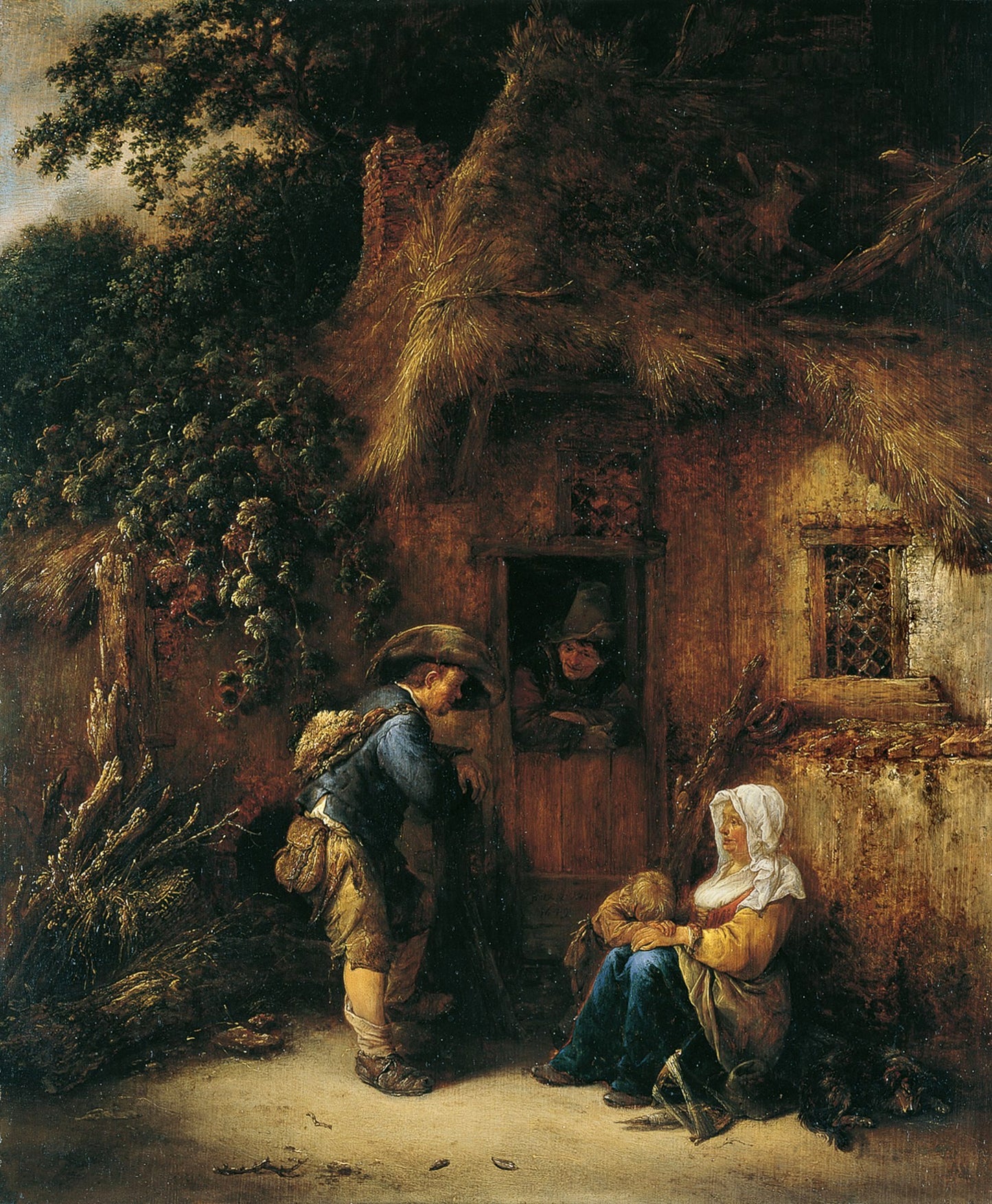 Traveller at a Cottage Door, vintage artwork by Isaac van Ostade, 12x8" (A4) Poster