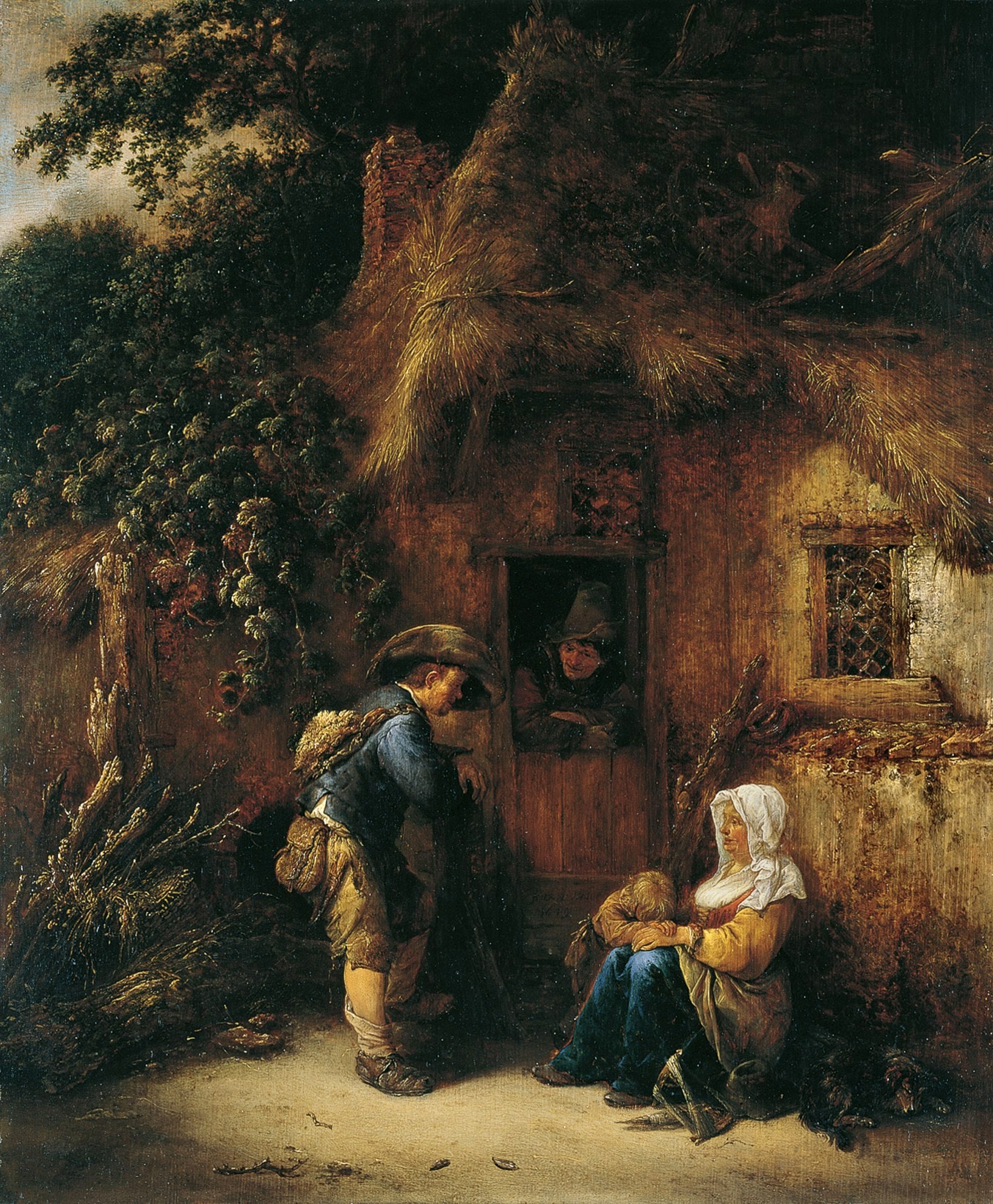 Traveller at a Cottage Door, vintage artwork by Isaac van Ostade, 12x8" (A4) Poster