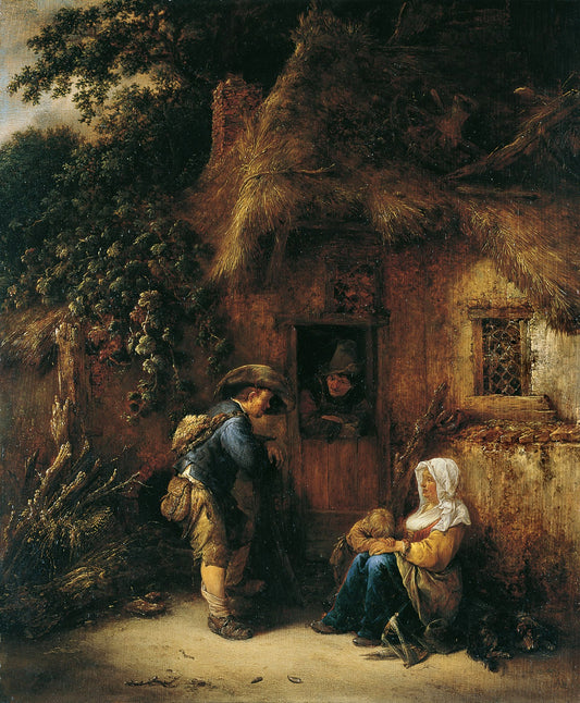 Traveller at a Cottage Door, vintage artwork by Isaac van Ostade, 12x8" (A4) Poster