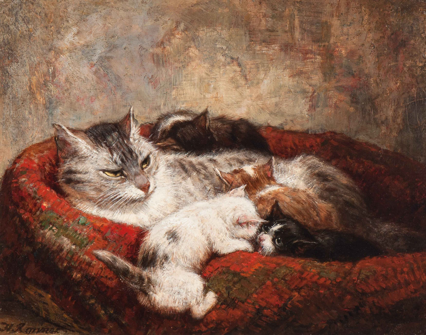 Mother cat with four kittens, vintage artwork by Henriette Ronner-Knip, A3 (16x12") Poster Print