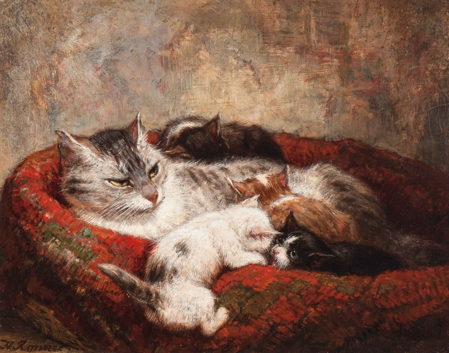 Mother cat with four kittens, vintage artwork by Henriette Ronner-Knip, A3 (16x12") Poster Print