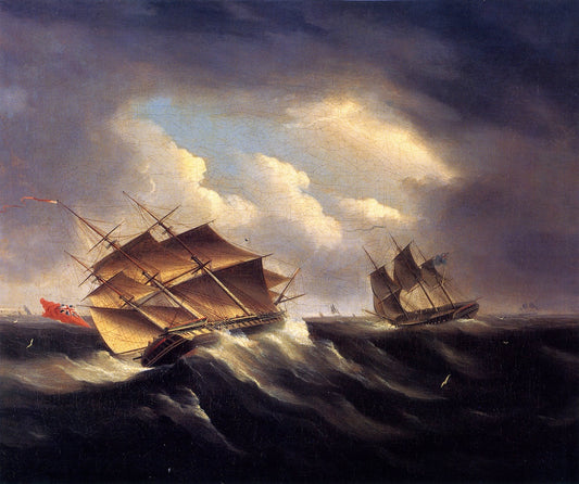 A British Frigate Approaching Another Vessel in a Heavy Sea, vintage artwork by James E. Buttersworth, A3 (16x12") Poster Print