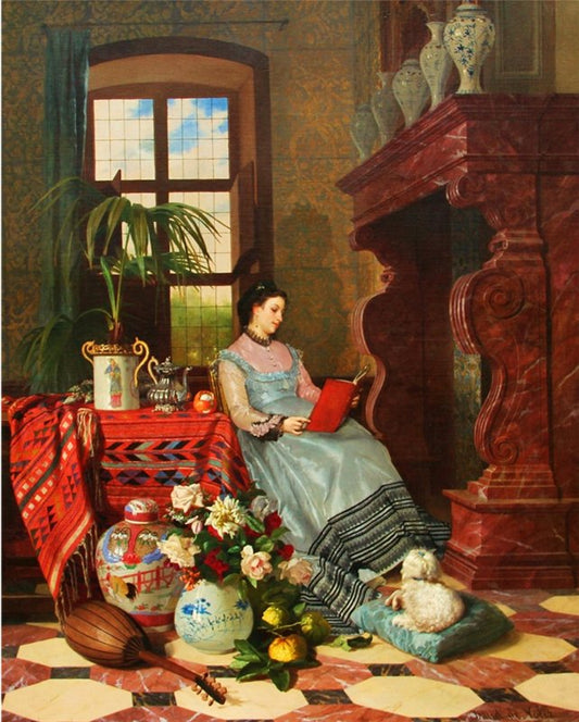 Reading by  the Fireplace, vintage artwork by David de Noter, A3 (16x12") Poster Print