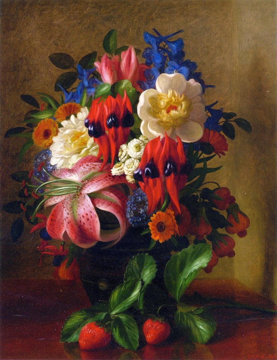 Still Life with Flowers and Strawberries, vintage artwork by George Henry Hall, 12x8" (A4) Poster
