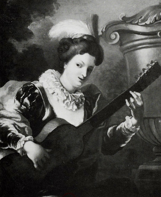 Jeune femme jouant de la guitare, vintage artwork by Jean-Baptiste Santerre, 12x8" (A4) Poster
