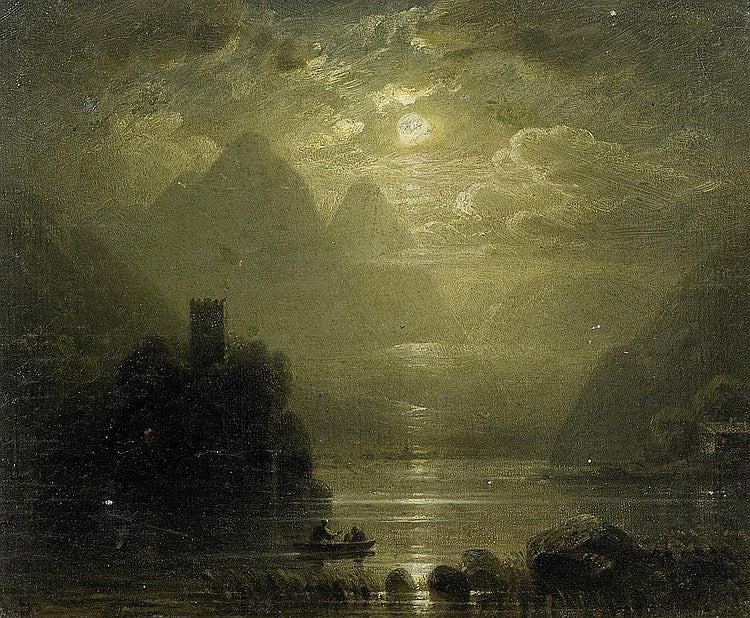 Moonlight over Lake Geneva with the Chateau Chillon, vintage artwork by August Seidel, A3 (16x12") Poster Print