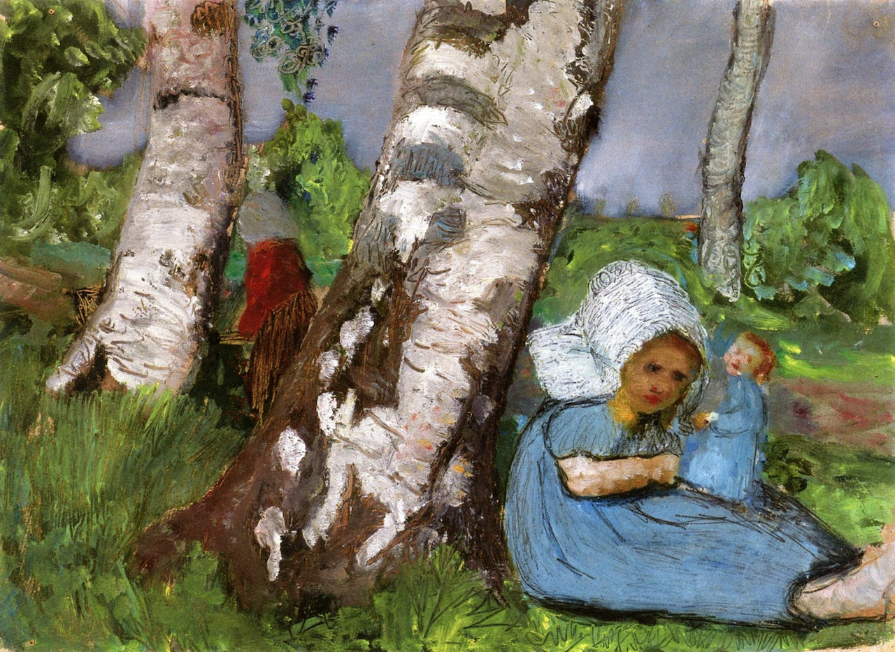 Child with Doll Sitting on a Birch Trunk, vintage artwork by Paula Modersohn-Becker, 12x8" (A4) Poster