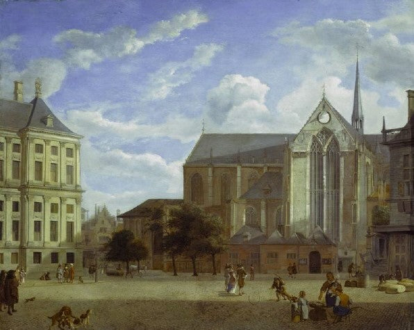 The Dam in Amsterdam towards the Townhall and Nieuwe Kerk, vintage artwork by Jan van der Heyden, 12x8" (A4) Poster