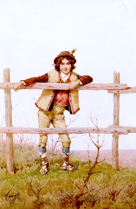 Peasant Lad at a Fence, vintage artwork by Filippo Indoni, 12x8" (A4) Poster