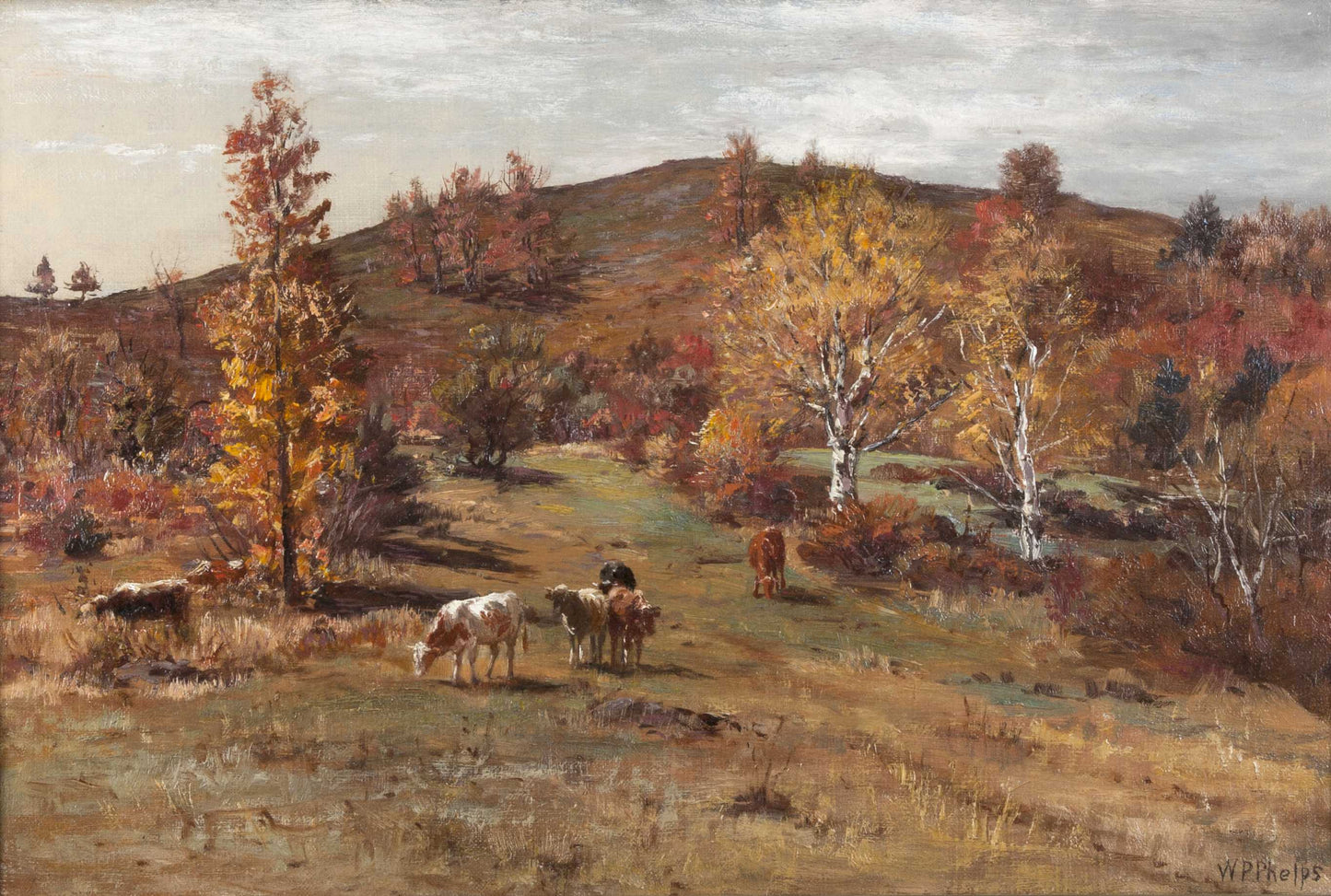 Autumn Scene with Cows, vintage artwork by William Preston Phelps, 12x8" (A4) Poster