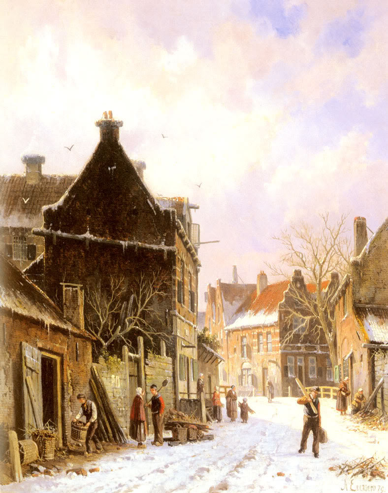 A Village Street Scene in Winter, vintage artwork by Adrianus Eversen, A3 (16x12") Poster Print