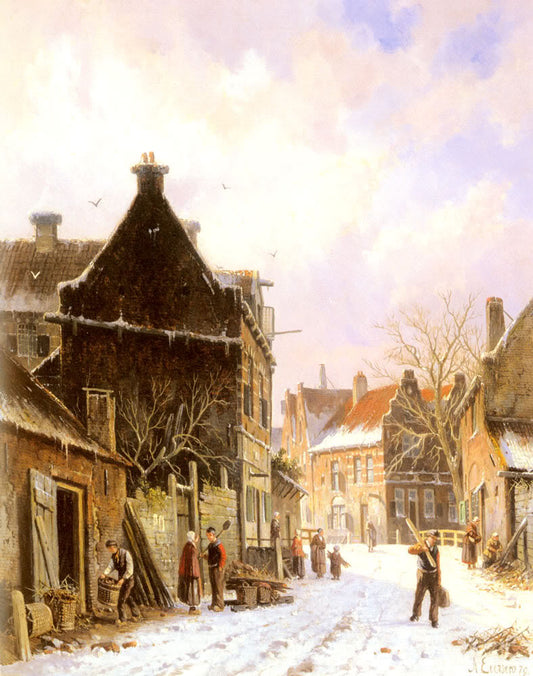 A Village Street Scene in Winter, vintage artwork by Adrianus Eversen, A3 (16x12") Poster Print