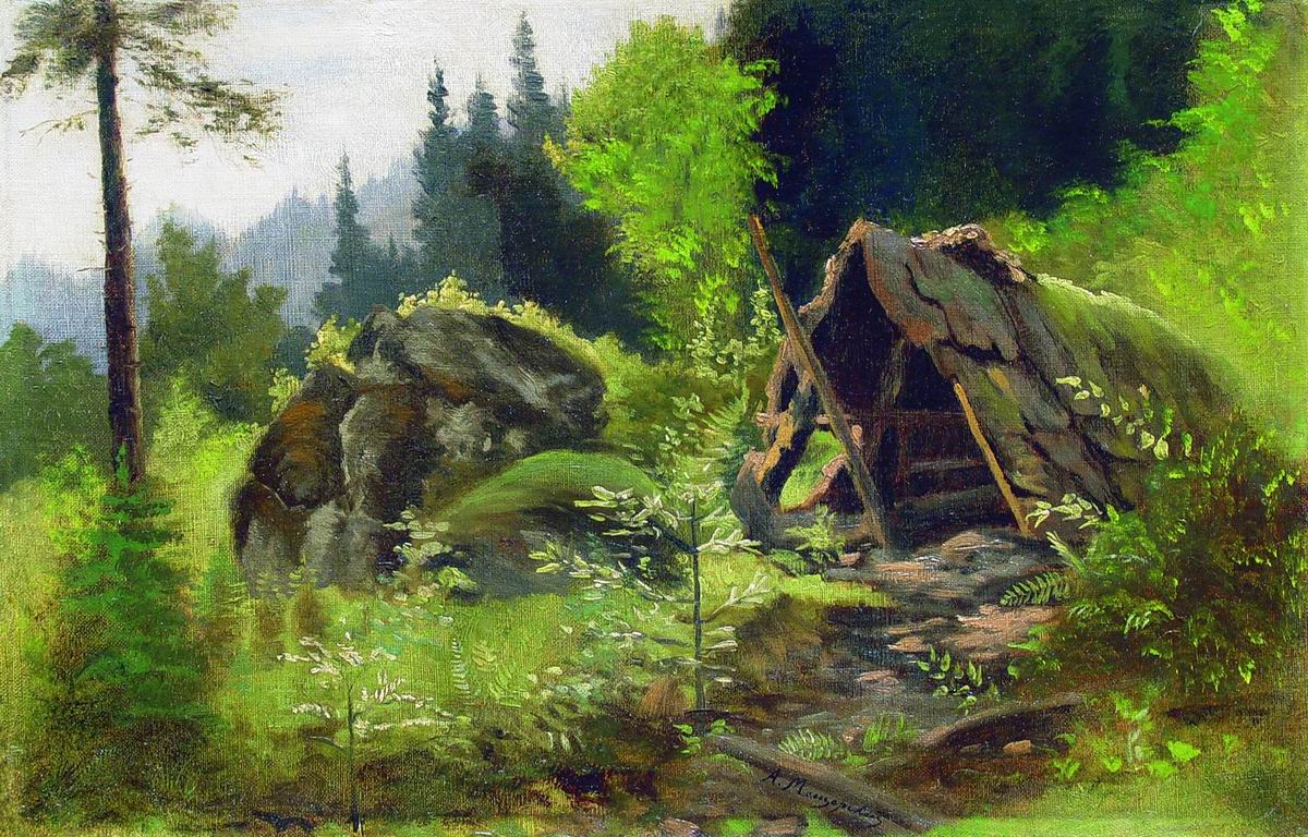 Hut in the Woods, vintage artwork by Arseny Meschersky, 12x8" (A4) Poster