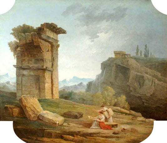 Classical Landscape with Two Women Sketching, vintage artwork by Hubert Robert, 12x8" (A4) Poster
